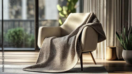 A photorealistic mockup of a designer throw blanket draped over a chair in a modern living room, AI Generative.