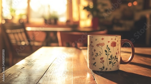 A photorealistic mockup of a custom-designed mug on a wooden table in a cozy coffee shop, AI Generative.