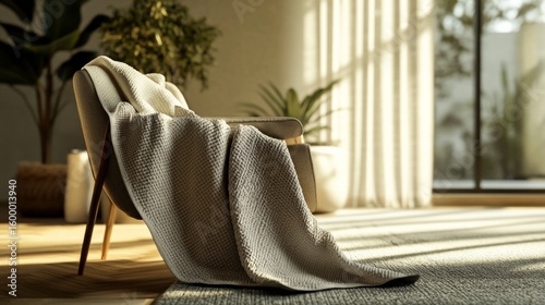 A photorealistic mockup of a designer throw blanket draped over a chair in a modern living room, AI Generative.