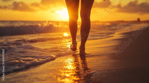 A person walking on the beach at sunset, with a golden glow and soft lighting, AI Generative.