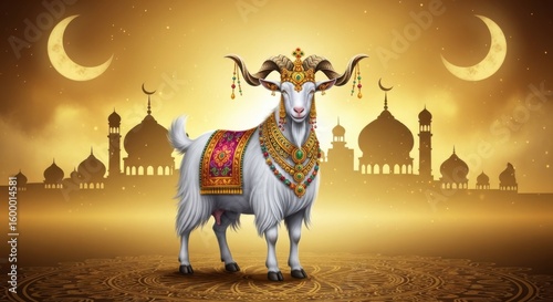 Majestic Decorated Goat Amidst Islamic Architecture and Crescent Moons