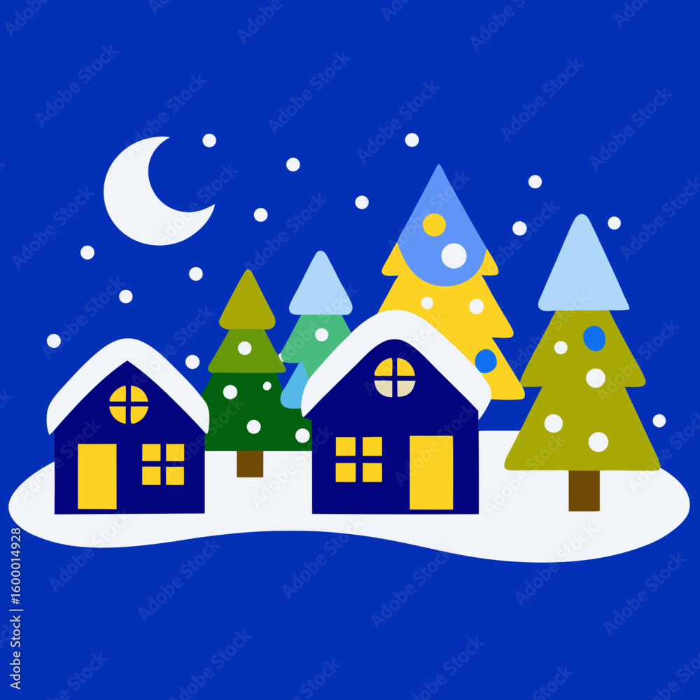 Fototapeta premium Winter Wonderland Christmas Village at Night vector illustration