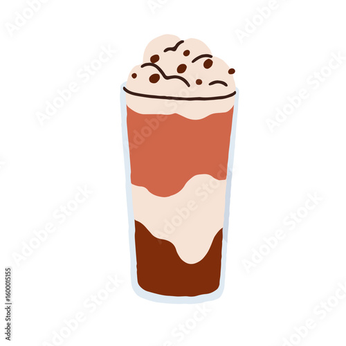 Milkshake drink with chocolate syrup and whipped cream topping. Sweet cold beverage, milk shake in glass mug. Creamy cocoa and coffee dessert. Flat vector illustration isolated on white background