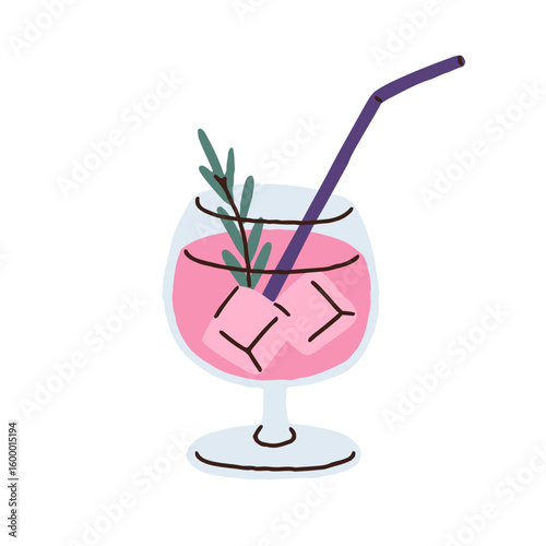 Cocktail in glass. Cold summer drink with ice cubes, straw, rosemary leaf. Bar refreshment. Sweet refreshing beverage, mocktail in stemware. Flat vector illustration isolated on white background