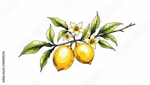 Lemon branch with two ripe lemons and white flowers on leaves  