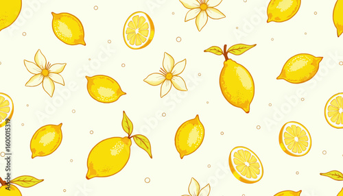 Lemon pattern with flowers and citrus slices on light background  