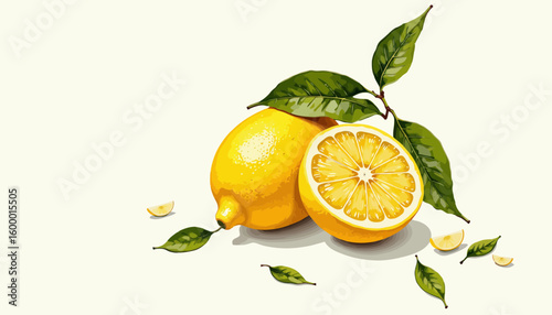 Fresh lemons with green leaves on light background  