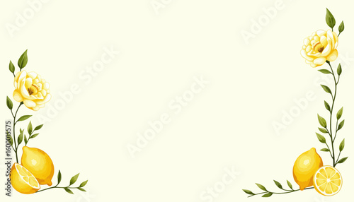 Lemon and rose floral border design on light background  