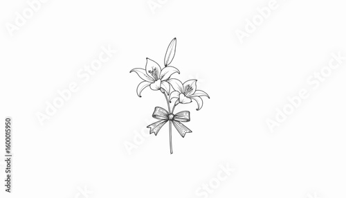 Line drawing of a lily bouquet with bow on white background  