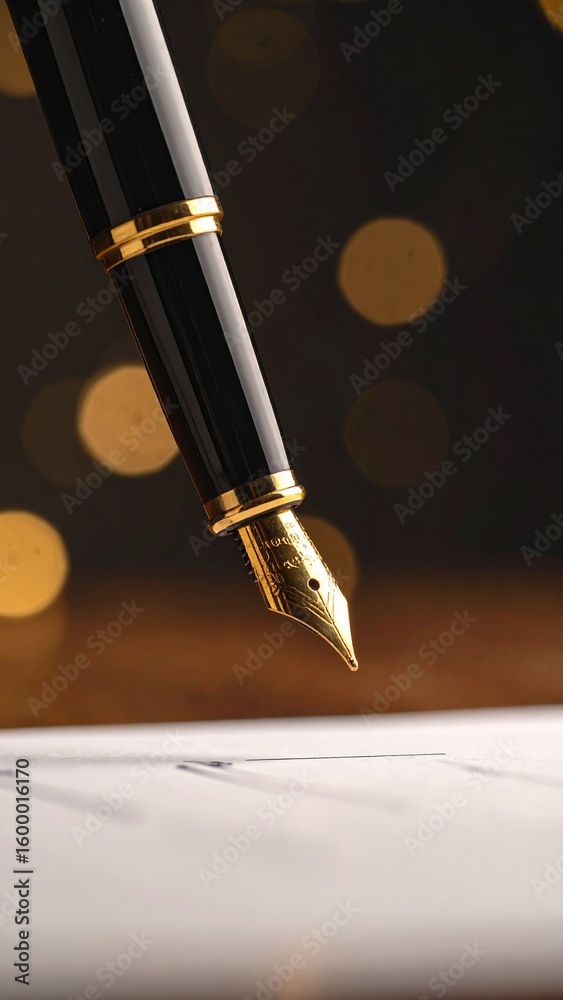 Fototapeta premium Elegant pen poised above blank paper with soft glowing lights in the background