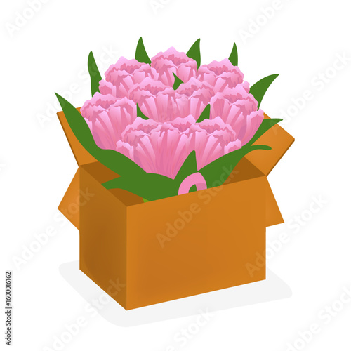 Bouquet of pink tulips icon delivery box vector illustration design isolated