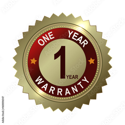 Round and rectangular emblems in gold color with the text one year product warranty.