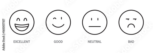 Feedback smile icon set. Excellent, good, neutral, bad emotion. Emoji sign. Symbols for review and rating. Vector illustration. Editable stroke. Flat design.