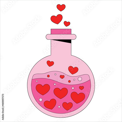Chemistry flask with hearts in flat cartoon style. Love reaction icon in vector illustration, ideal for logos, science romance and Valentine visuals