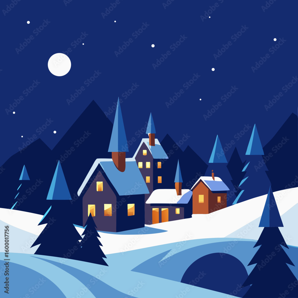 Fototapeta premium Snowy Christmas Village After Dark vector illustration