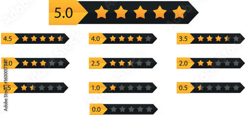 Modern five-star rating icons set showing various levels like 4.2, 3.8, and 2.0 for feedback, review apps, and digital rating UI design