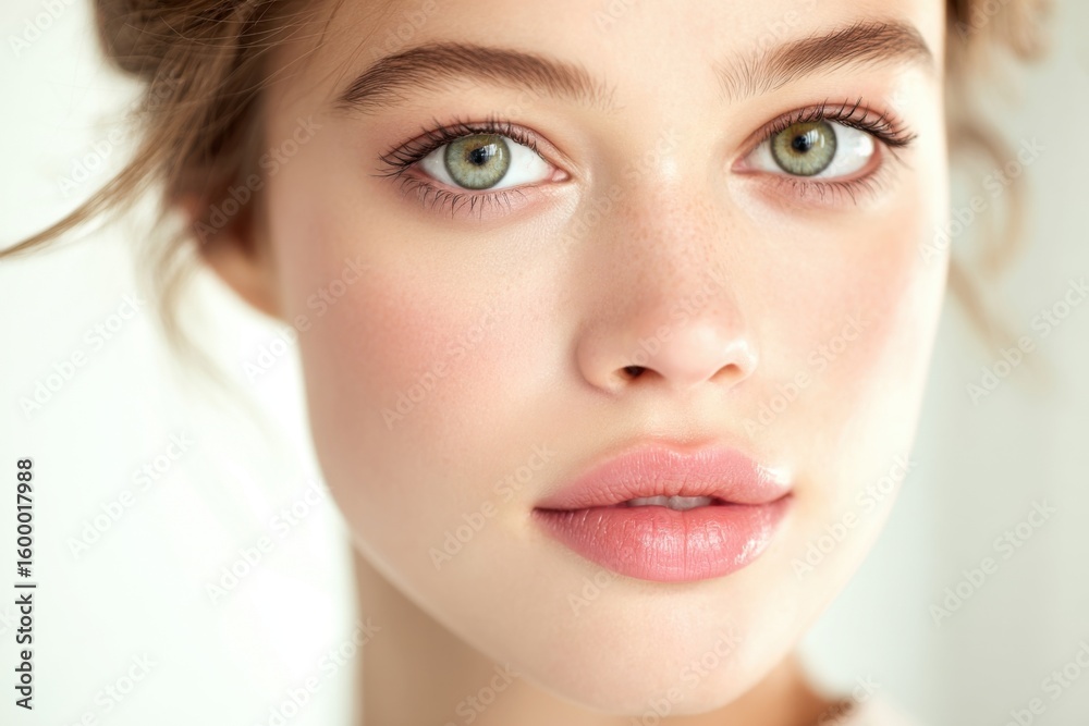 Naklejka premium Close Up Portrait of a Young Woman with Clear Skin Bright Eyes and Natural Makeup.