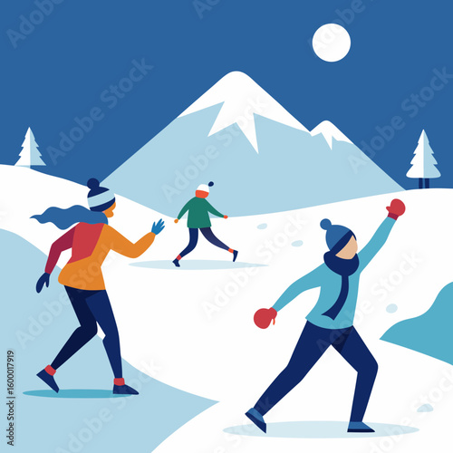 Children in a Snowball Fight vector illustration