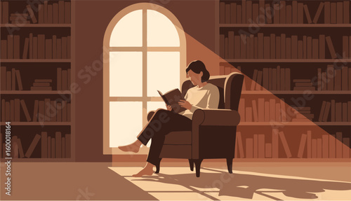 Serene illustration of a woman enjoying a book in a cozy armchair, bathed in warm sunlight from a large window.