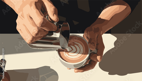 Vector illustration of a barista's hands skillfully crafting intricate latte art, pouring steamed milk into a fresh coffee cup in a sunlit cafe.