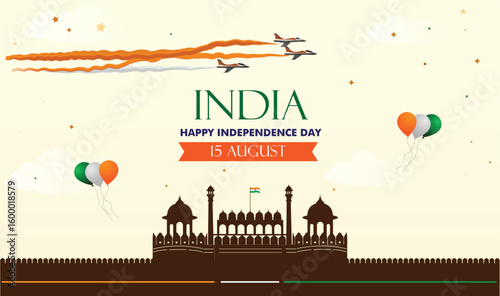 happy Independence Day with Fighter Jets, Red Fort Silhouette with Tricolour