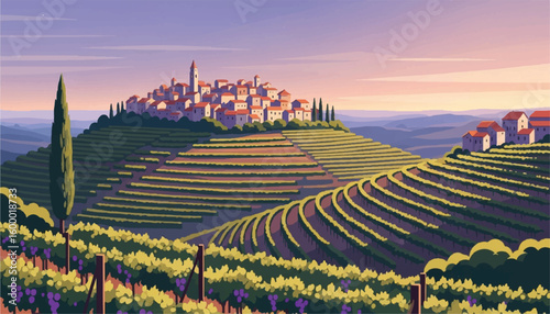 Scenic Italian countryside with a historic village on a hill and terraced vineyards at sunset. A beautiful illustration of a wine region.