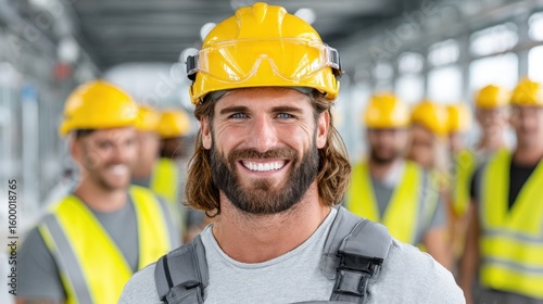 Group of construction workers in bright yellow hard hats and vests stand together at a construction site, showcasing their camaraderie and dedication to safety while engaging in their tasks