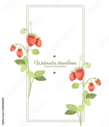 Delicate rectangle frame of watercolor strawberries and leaves isolated. Hand drawn design.