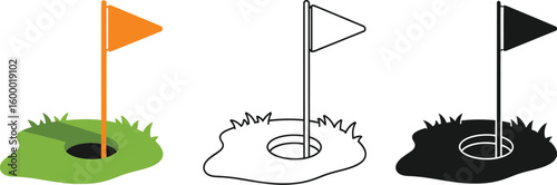 Golf course hole with flag vector illustration set for sports and recreation design projects use