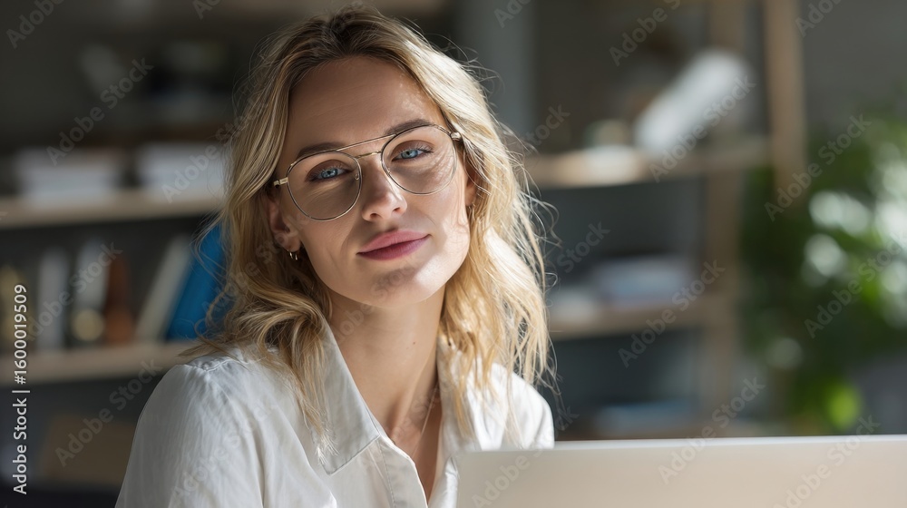 Fototapeta premium Woman Wearing Glasses with Blonde Hair Sitting in Modern Office Environment.