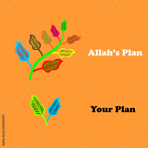 Inspirational illustration showing the difference between human plans and Allah's plan. A motivational and religious concept design about trusting divine plans.