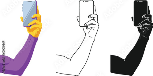Hand holding phone vector illustration using smartphone for communication and social media content creation