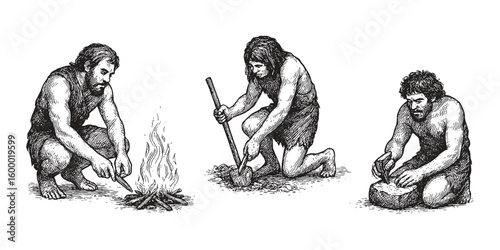 Detailed sketch of prehistoric humans engaging in daily activities like making fire, digging, and carving stone in a vintage style.
