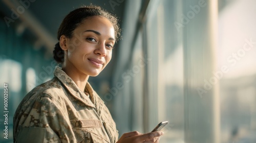 Smiling young woman in military uniform using smartphone standing near glass window.