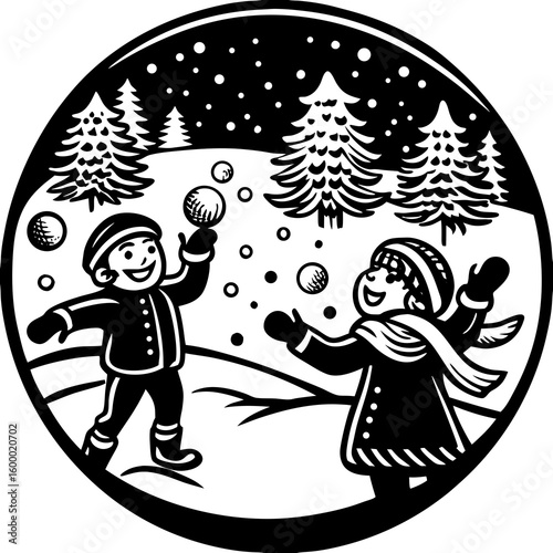 Winter Fun with a Kids' Snowball Fight vector illustration