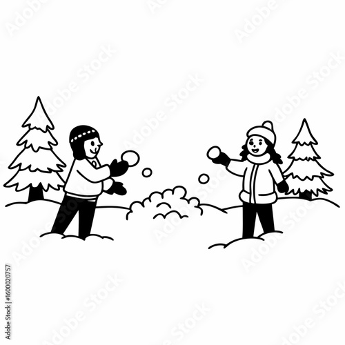Active Snowball Fight with Kids vector illustration