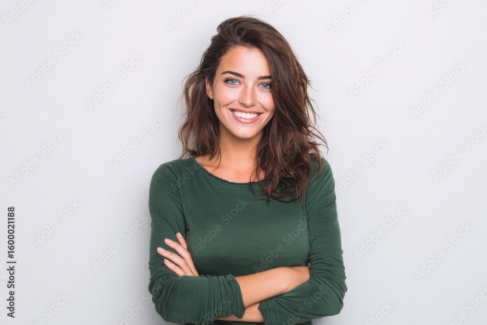 Happy young woman with curly brown hair wearing casual green sweater smiling at camera. Happy young woman with curly brown hair wearing casual green sweater smiling at camera.
