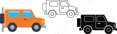 Cartoon car vector illustration set orange black outline car design for kids and creative projects