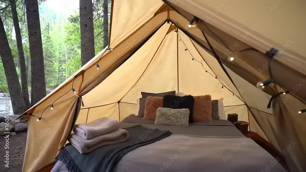 Cozy glamping tent nestled in a forest beside a river.  Warm beige canvas, string lights, and plush pillows create a tranquil campsite atmosphere.  A bed with blankets and pillows is visible inside