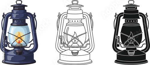 Vector illustration of vintage kerosene oil lantern lamp light drawing isolated on white background