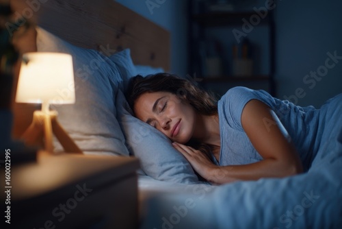 Peaceful young woman sleeping soundly in cozy bedroom during nighttime relaxation.