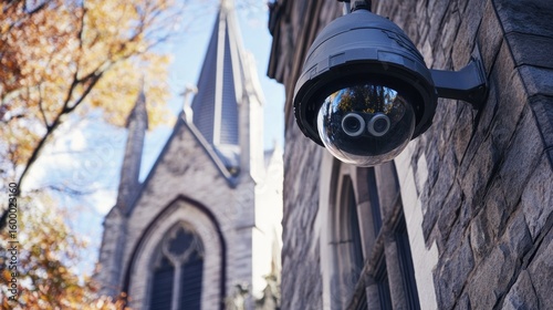 CCTV camera mounted on church exterior, architecture contrast theme