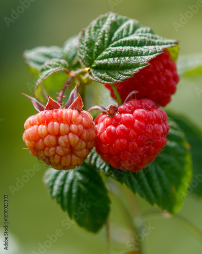 Canvas Print Two red raspberries are hanging from a leafy branch
