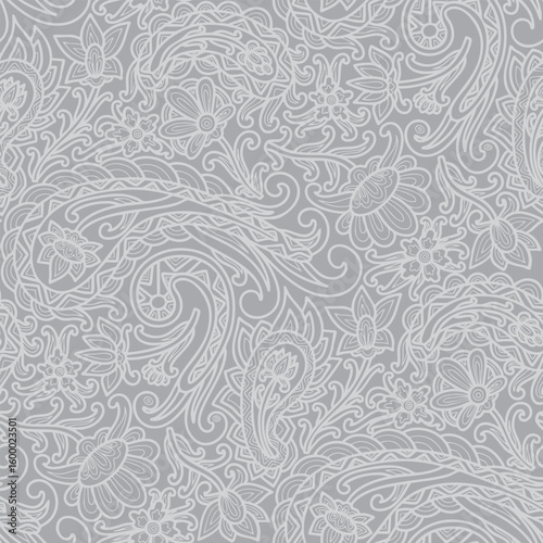 Paisley floral pattern, abstraction, swirl flowers, grey colors. Seamless floral pattern-802.
