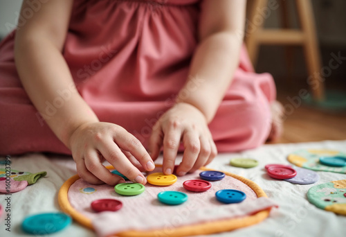 Girl Playing Color Match Button Board Game Alone