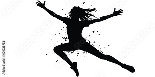 Dynamic silhouette of a dancer in mid leap with splatter effect