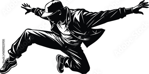 Dynamic silhouette of a hip hop dancer in mid air pose