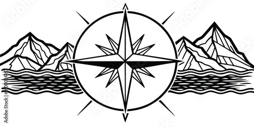 Vintage compass rose emblem with mountains and ocean waves in the background