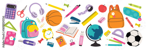 School supplies and education element vector set. hand drawn of pen, pencil, book, ruler, tape, bag, football, basketball, globe, clock. Design for sticker, kids, Back to School decoration.
