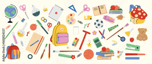 School supplies and education element vector set. hand drawn of pen, pencil, book, ruler, tape, bag, basketball, bear, tablet, test tube, globe. Design for sticker, kids, Back to School decoration.